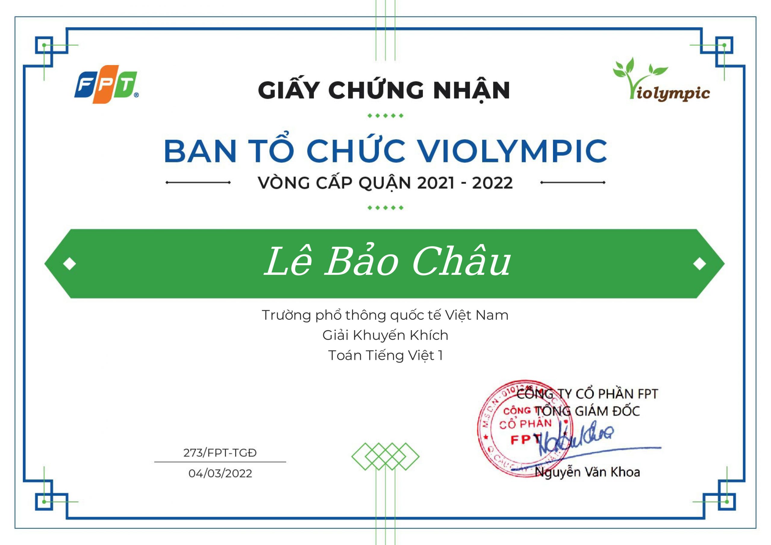 KẾT QUẢ CUỘC THI VIOLYMPIC CẤP QUẬN NĂM HỌC 2021 – 2022